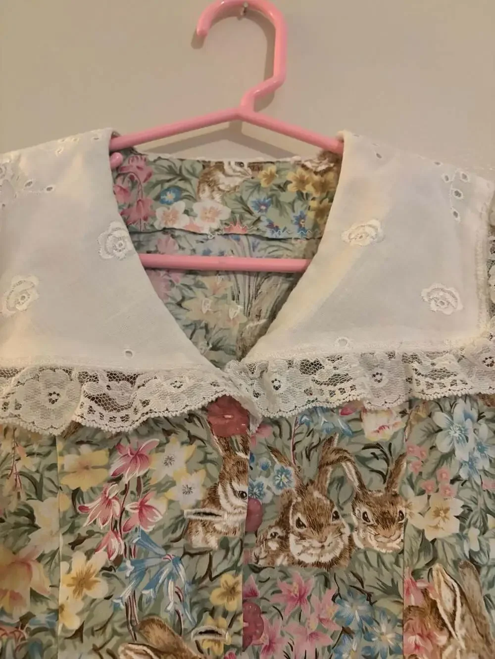 Vintage Style Handmade Floral Rabbit Print Girls Cottagecore Dress with Lace